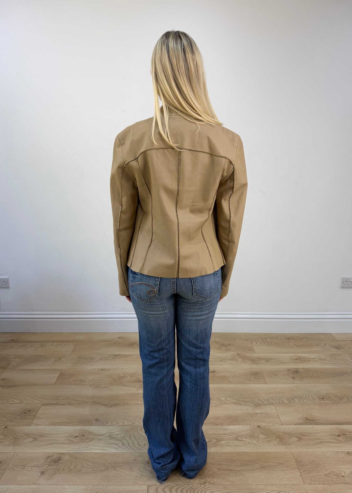 small beige leather zip jacket photo 6