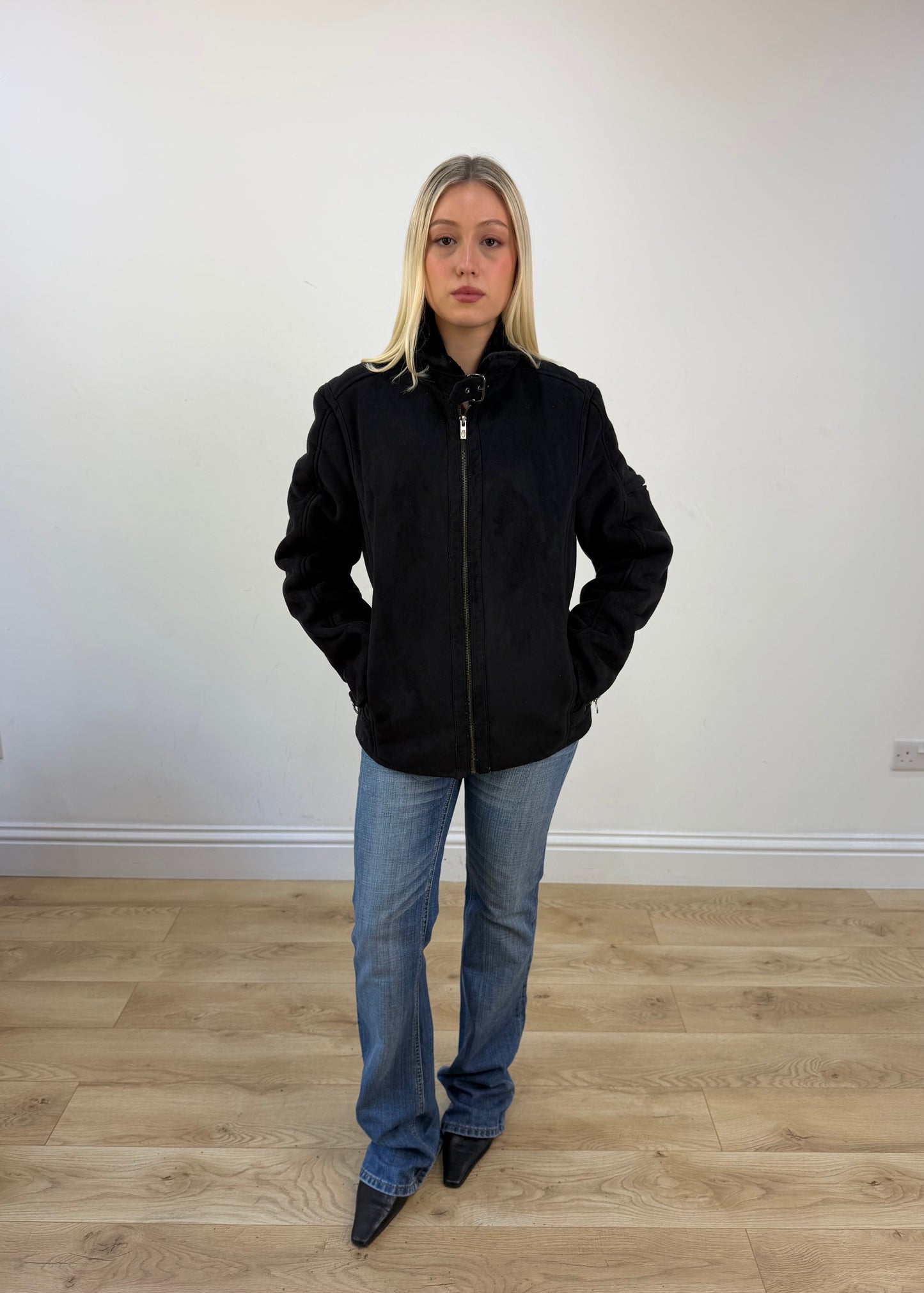 small black suede faux fur jacket photo 1