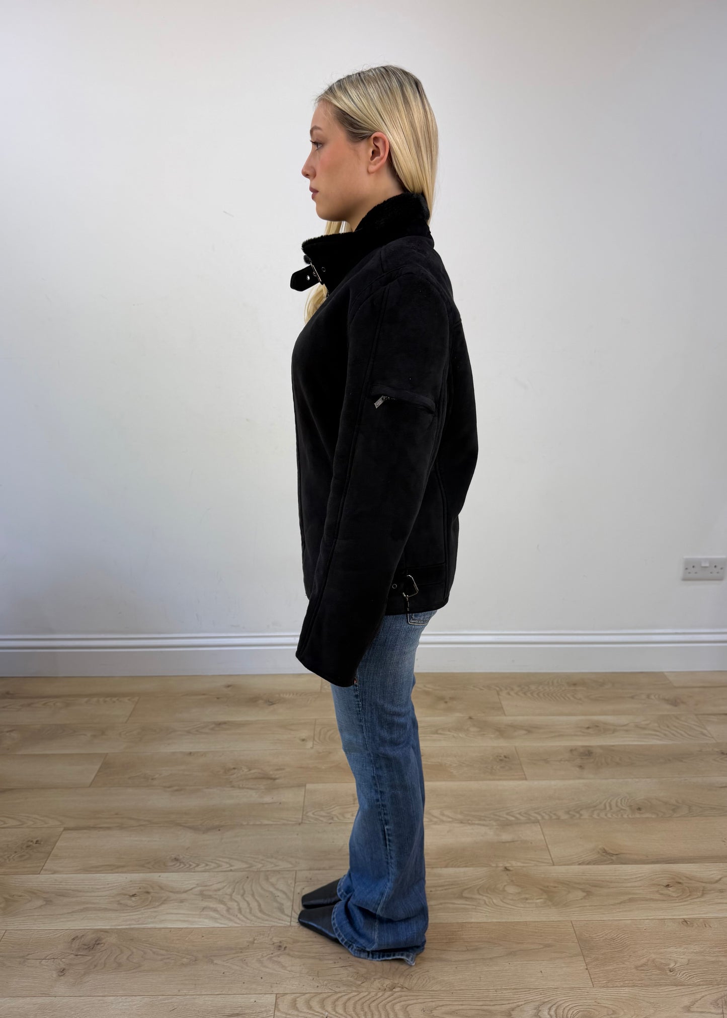 small black suede faux fur jacket photo 4