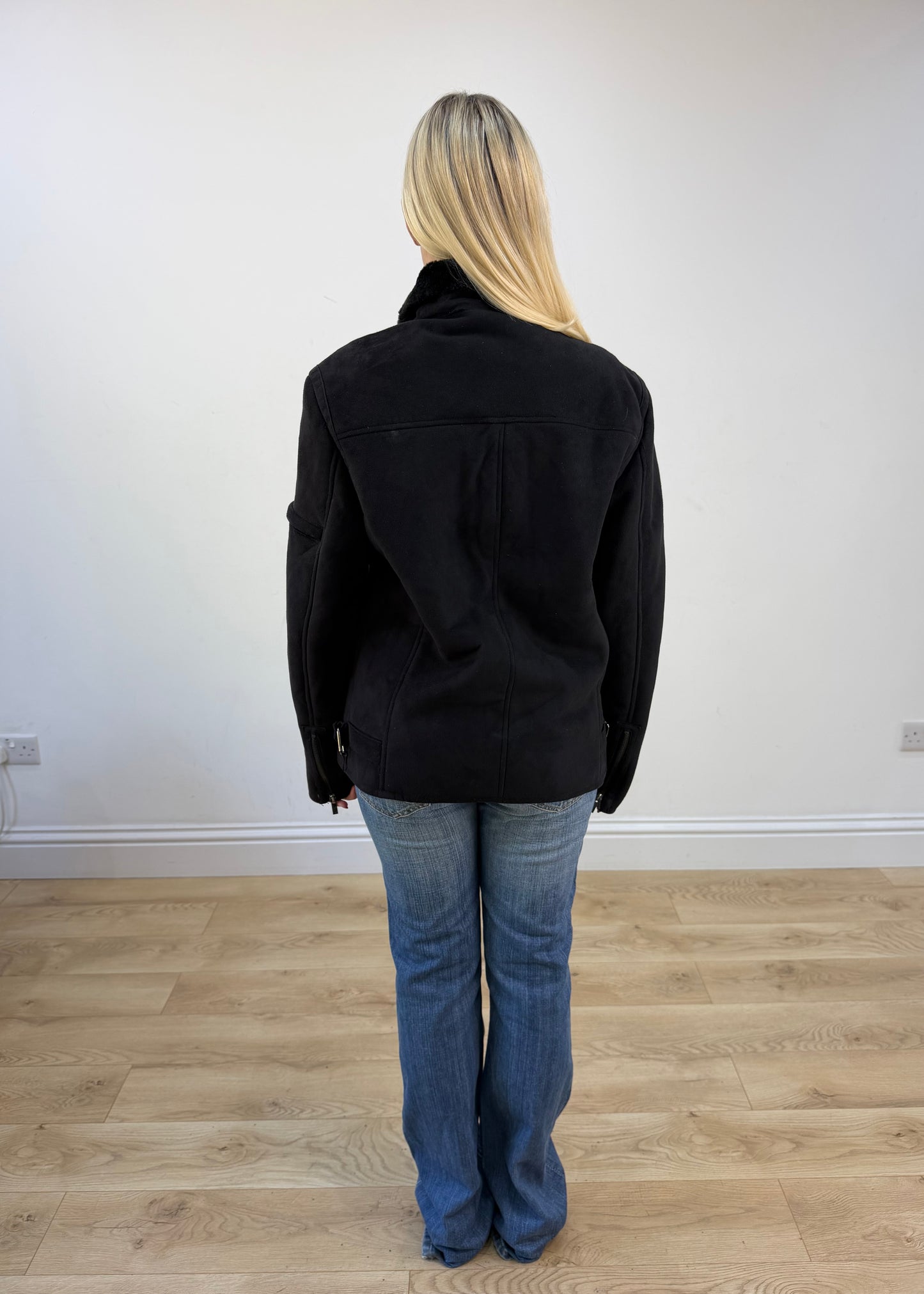 small black suede faux fur jacket photo 5
