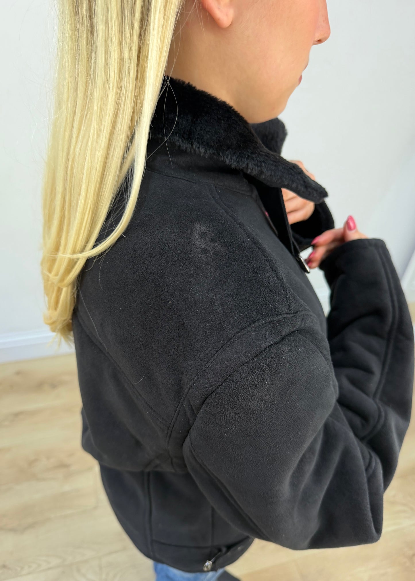 small black suede faux fur jacket photo 7