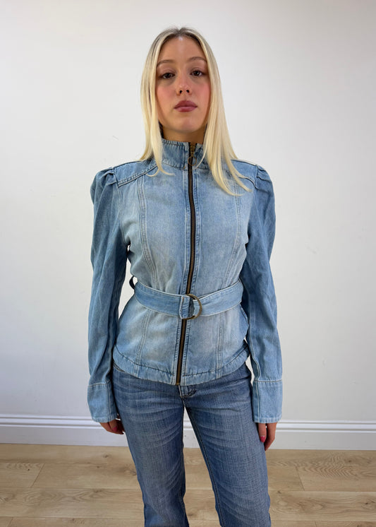 extra small light wash belted denim jacket