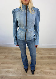 extra small light wash belted denim jacket