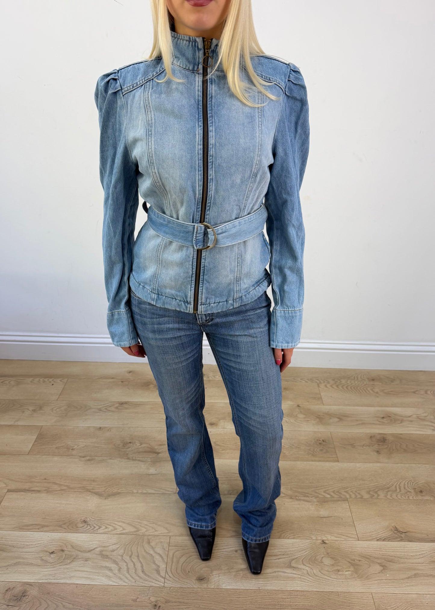 extra small light wash belted denim jacket