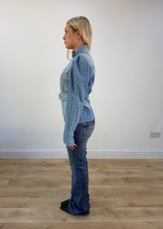 extra small light wash belted denim jacket
