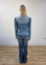 extra small light wash belted denim jacket