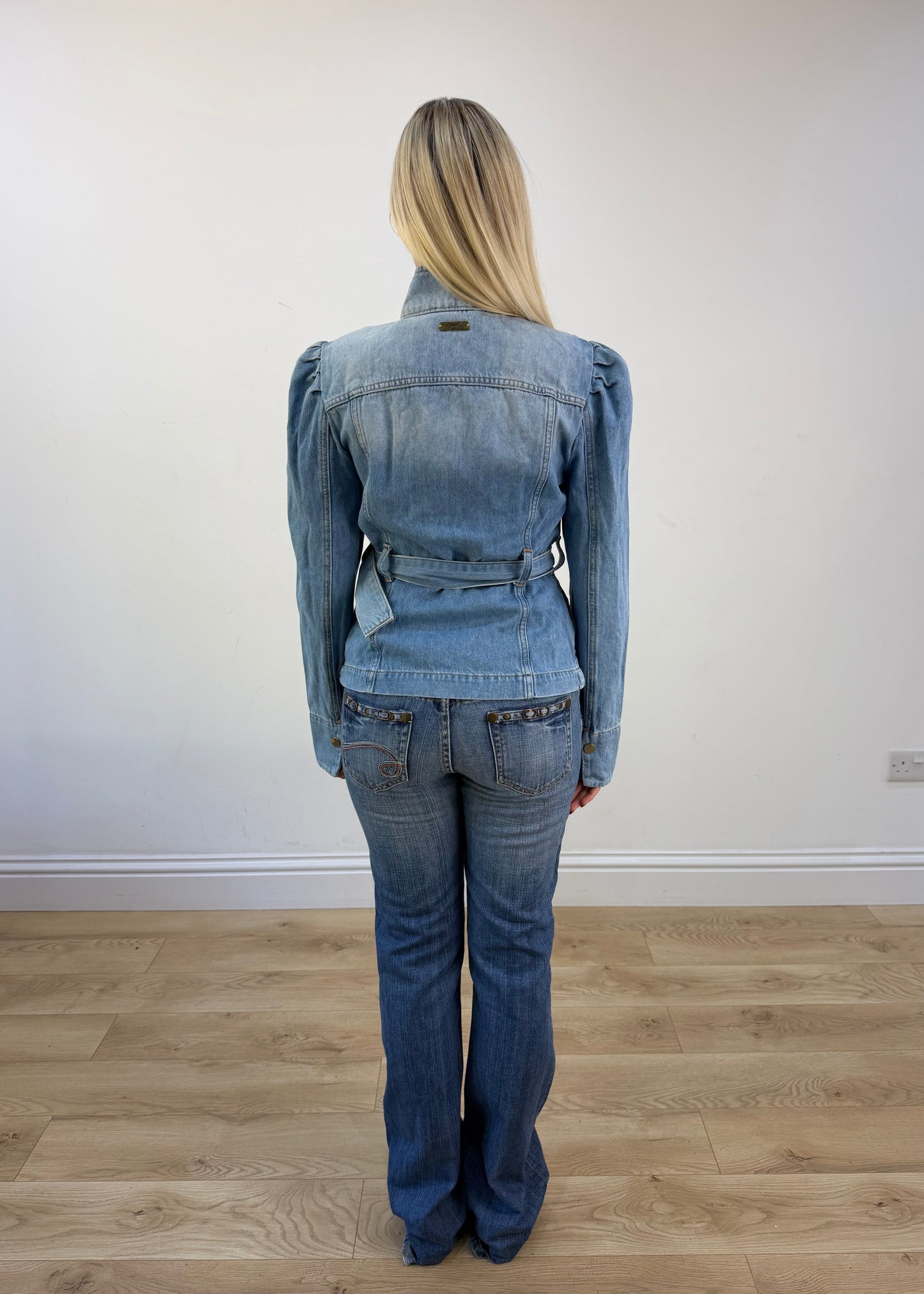 extra small light wash belted denim jacket