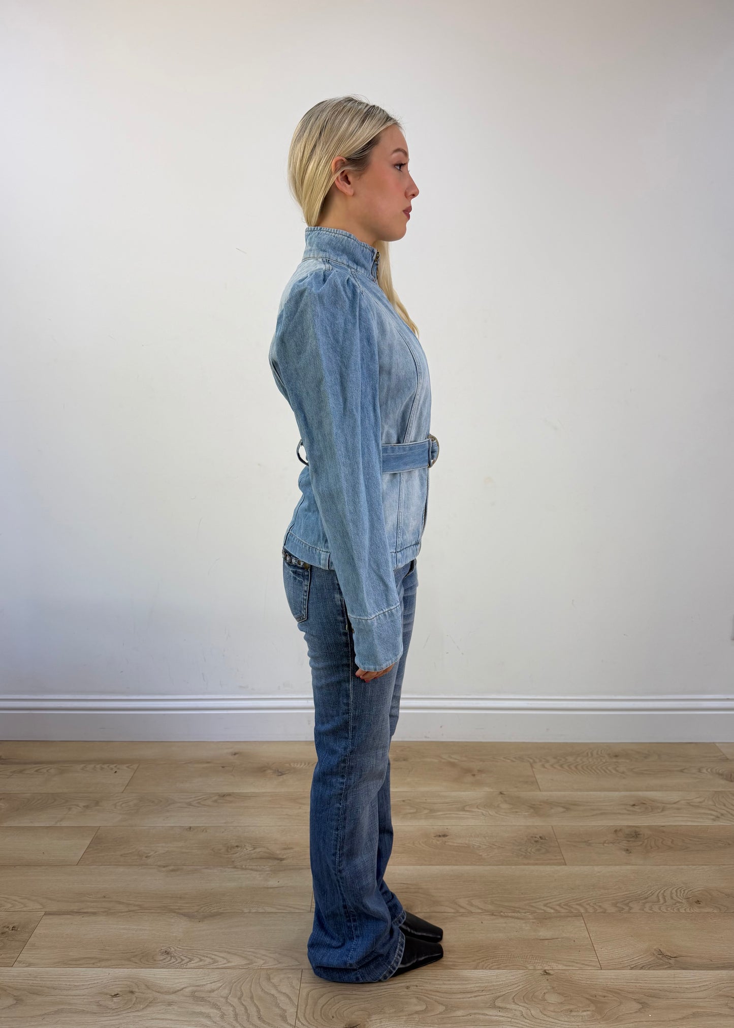 extra small light wash belted denim jacket