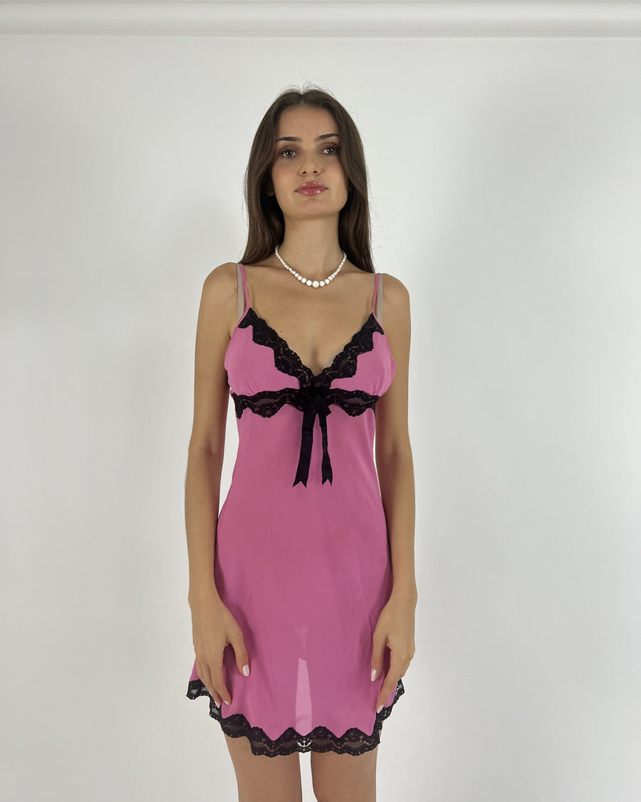 pink and black lace slip mini dress front view