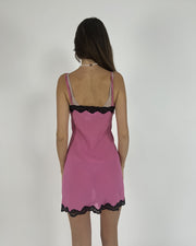 pink and black lace slip mini dress back view