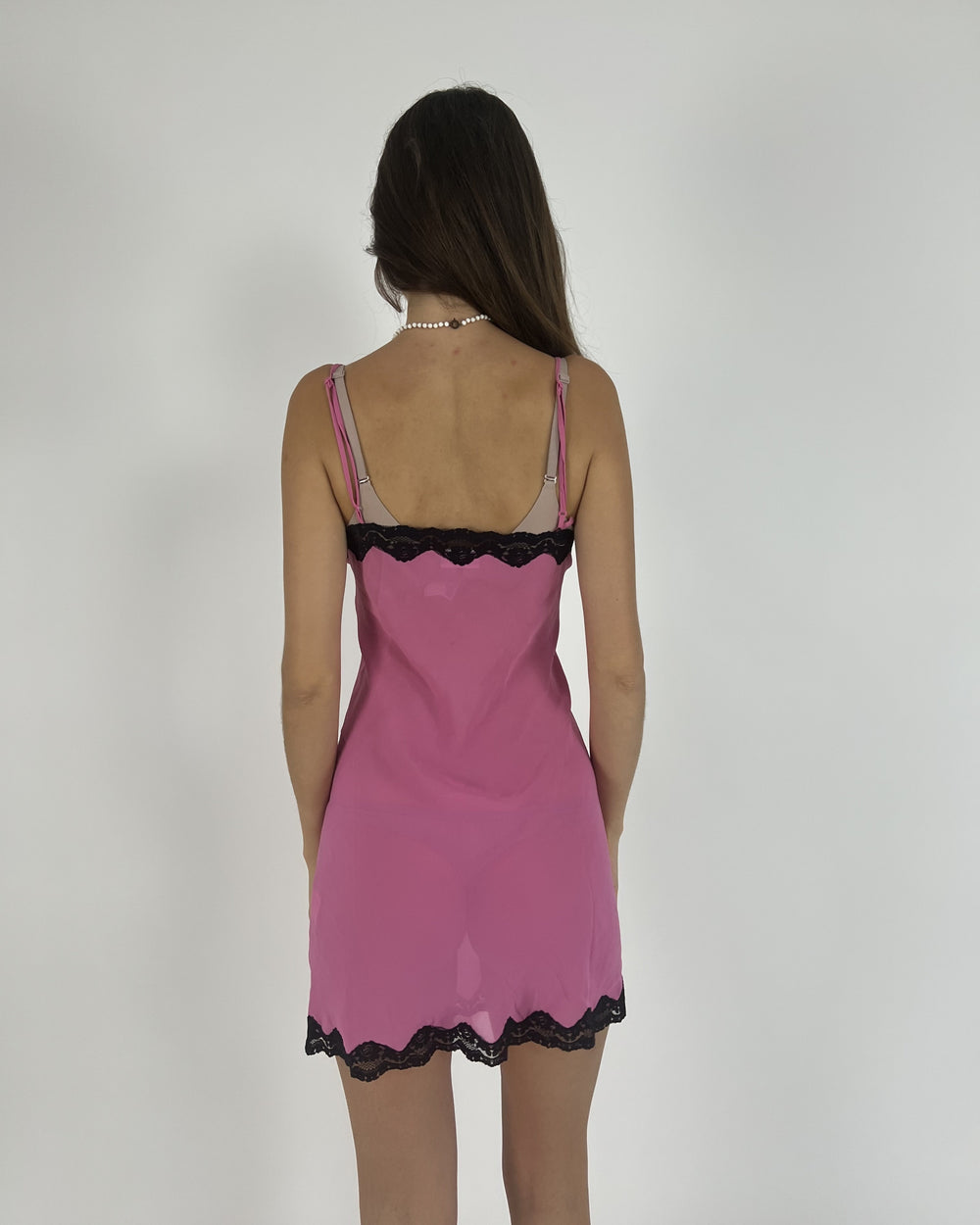 pink and black lace slip mini dress back view