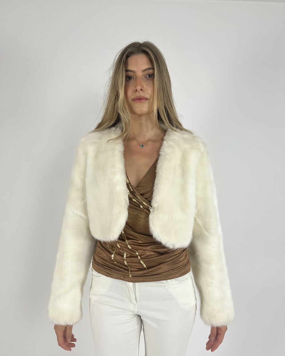 white faux-fur style cropped jacket front view