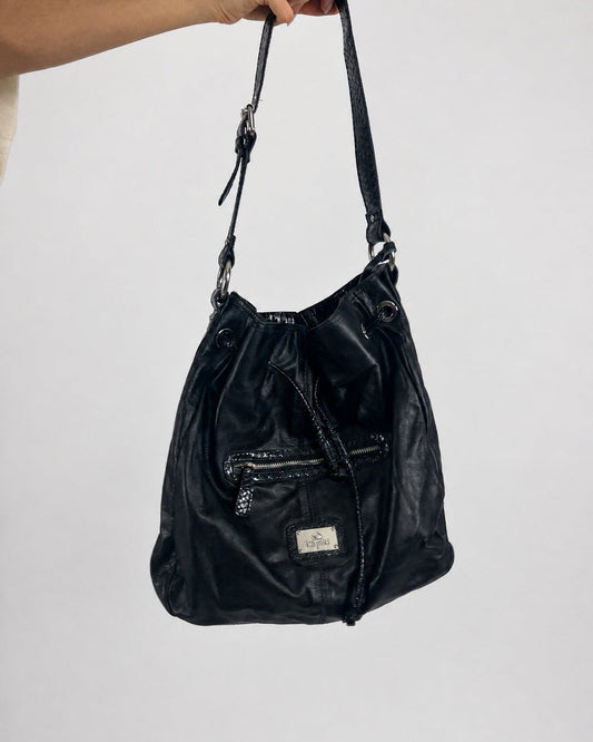 black hobo handbag with hanging details front view