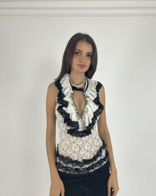 black and white lace ruffle halter top front view