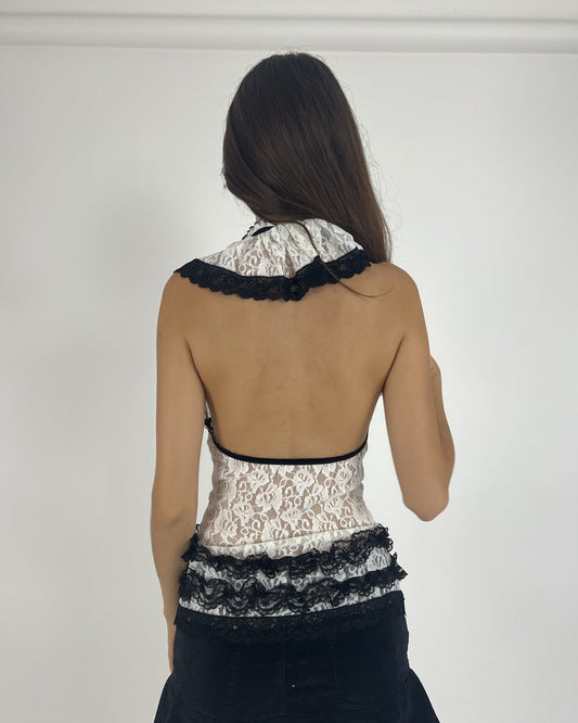 black and white lace ruffle halter top back view
