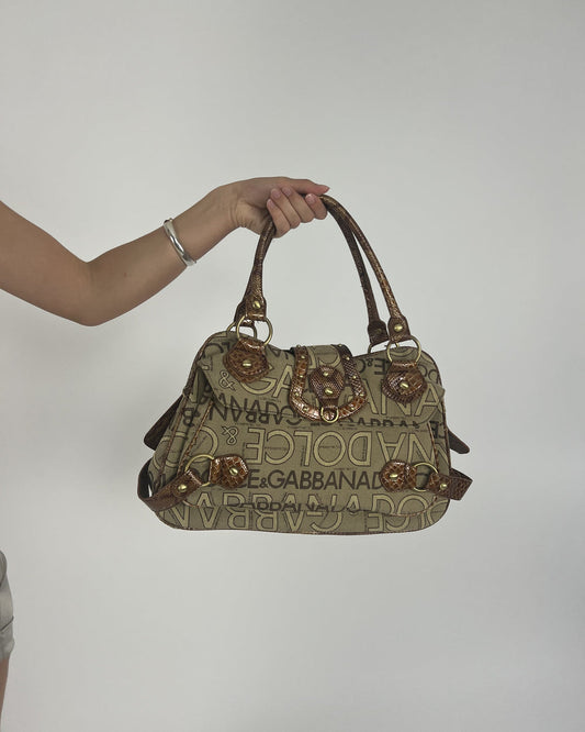 brown dolce & gabbana logo handbag front view