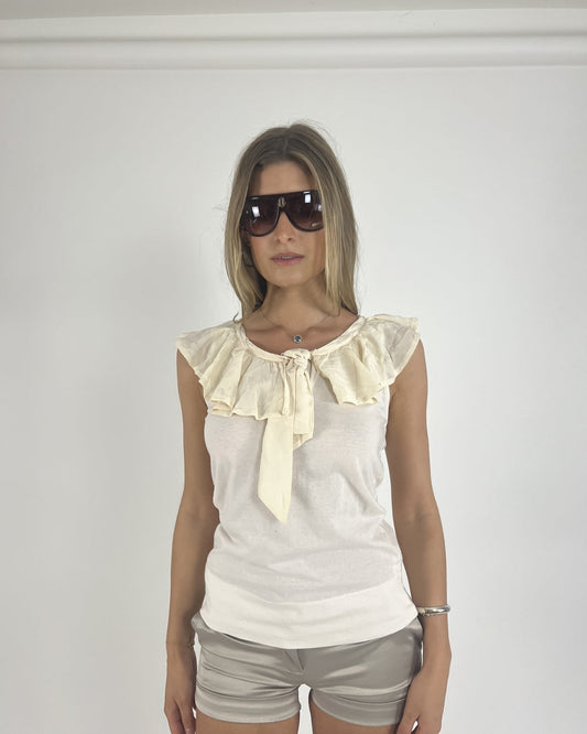 cream ruffle-neckline cap-sleeve top front view