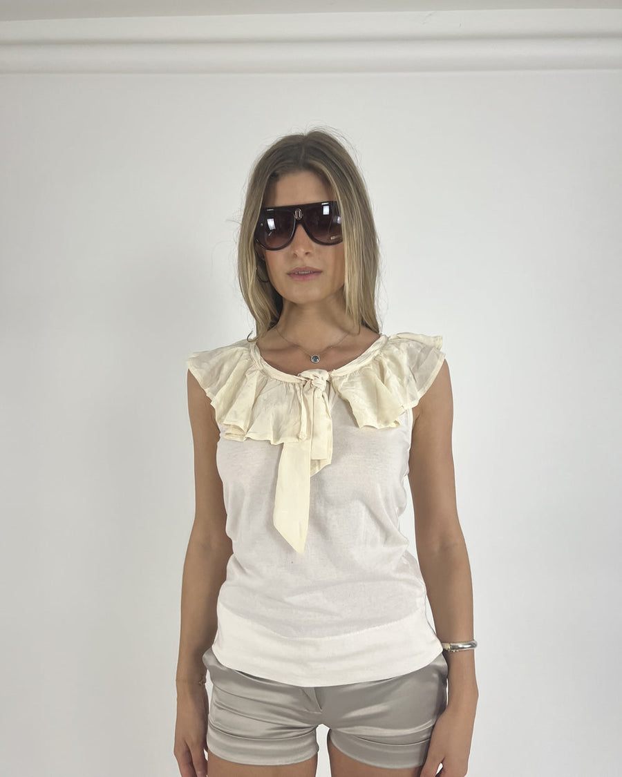 cream ruffle-neckline cap-sleeve top front view