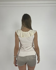 cream ruffle-neckline cap-sleeve top back view