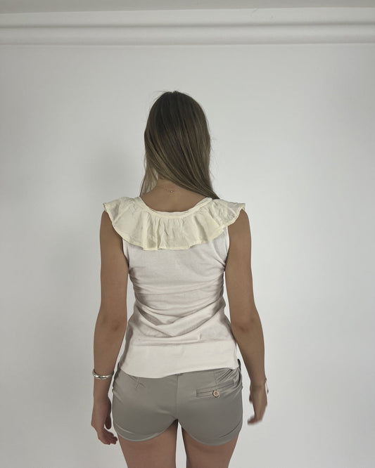 cream ruffle-neckline cap-sleeve top back view