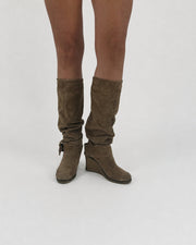 taupe slouch knee-high boots front view