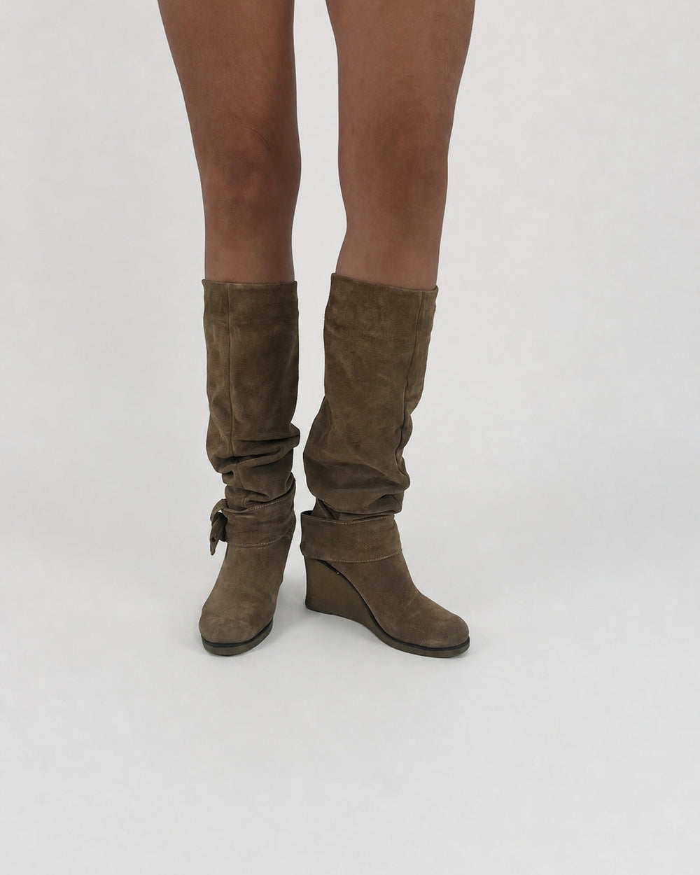 taupe slouch knee-high boots front view