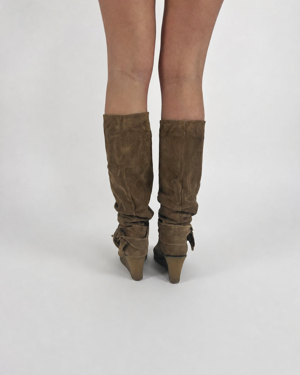 taupe slouch knee-high boots back view