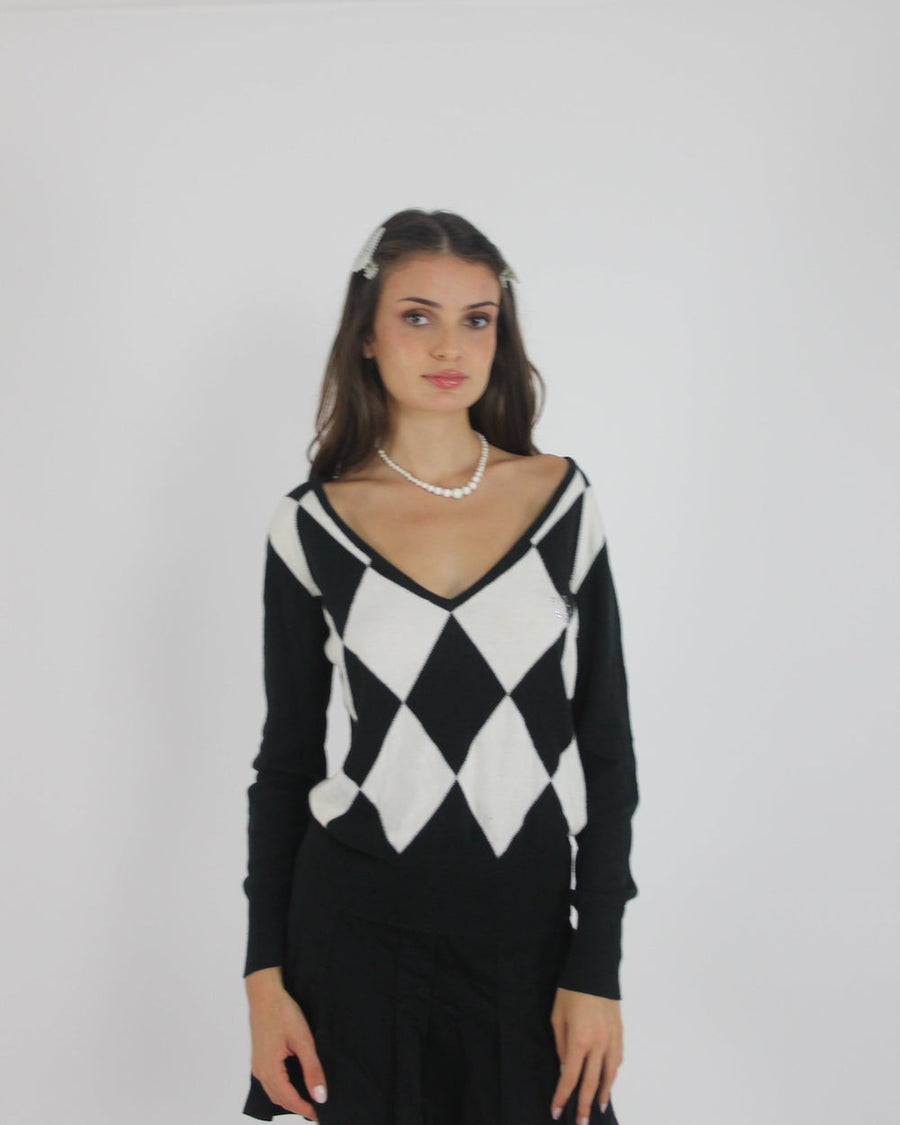 black and white argyle v-neck jumper front view