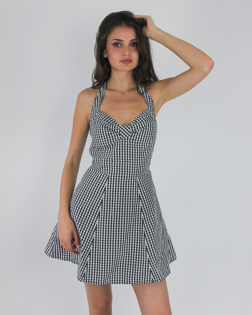 gossip girl drop | small black and white gingham halterneck mini dress
