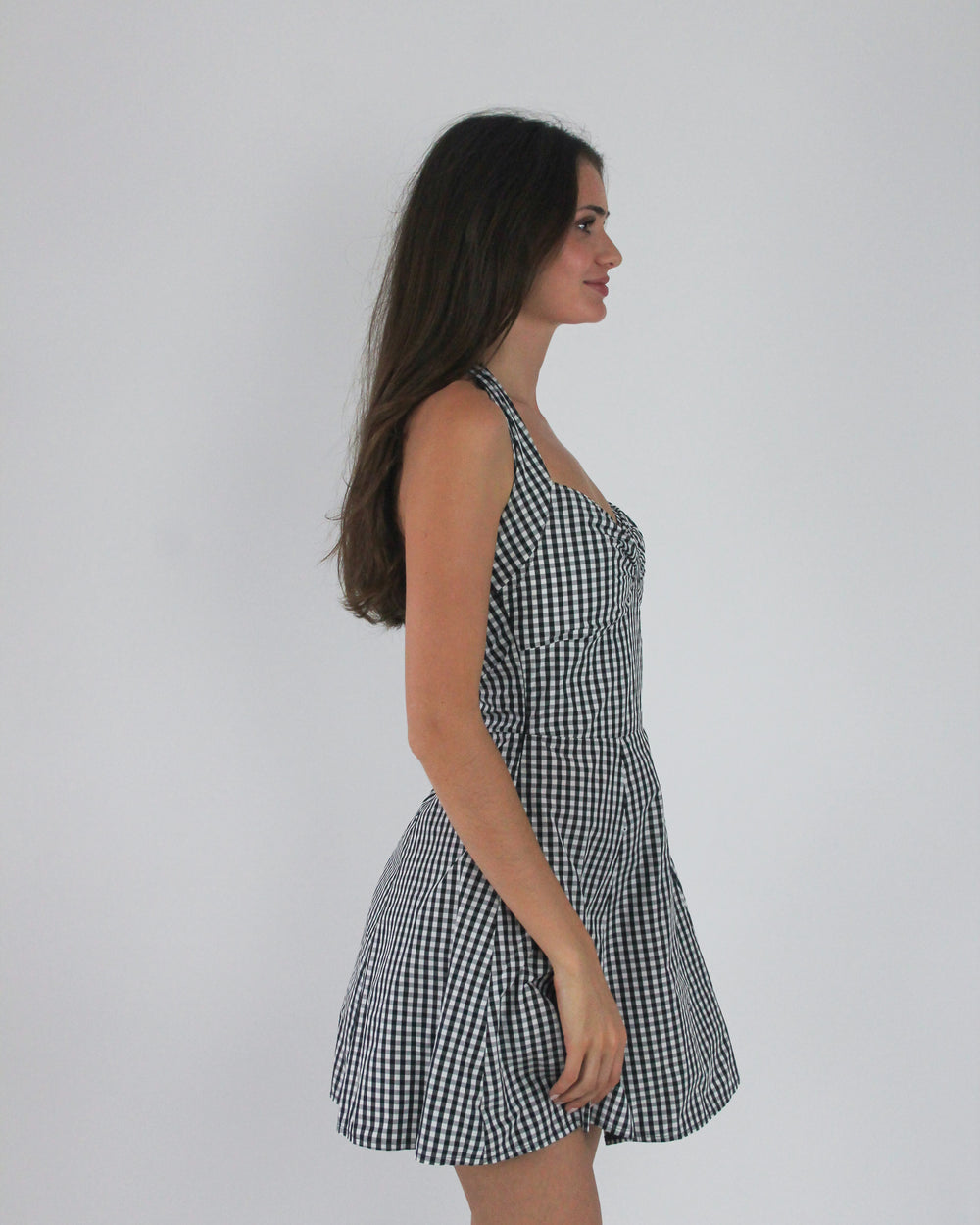 gossip girl drop | small black and white gingham halterneck mini dress