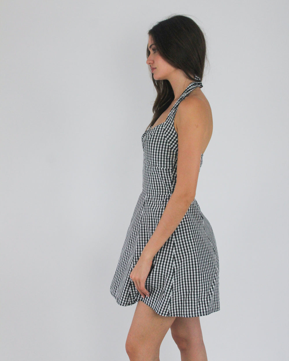 gossip girl drop | small black and white gingham halterneck mini dress