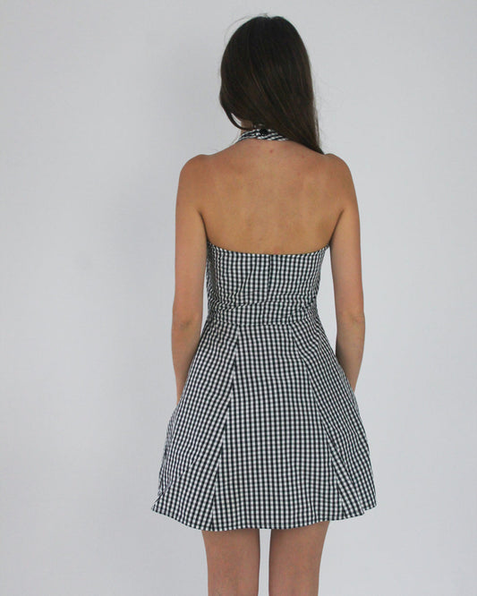 gossip girl drop | small black and white gingham halterneck mini dress