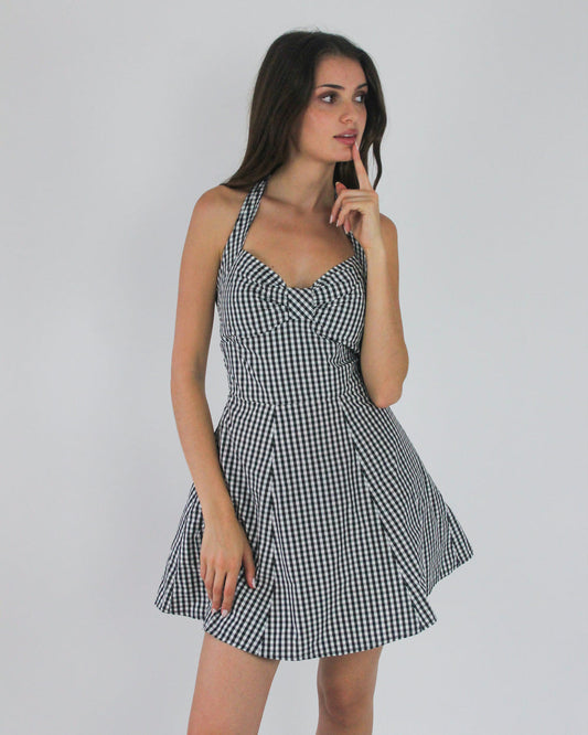 gossip girl drop | small black and white gingham halterneck mini dress