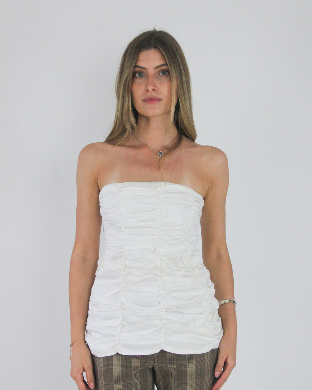 gossip girl drop | medium white ruched strapless top