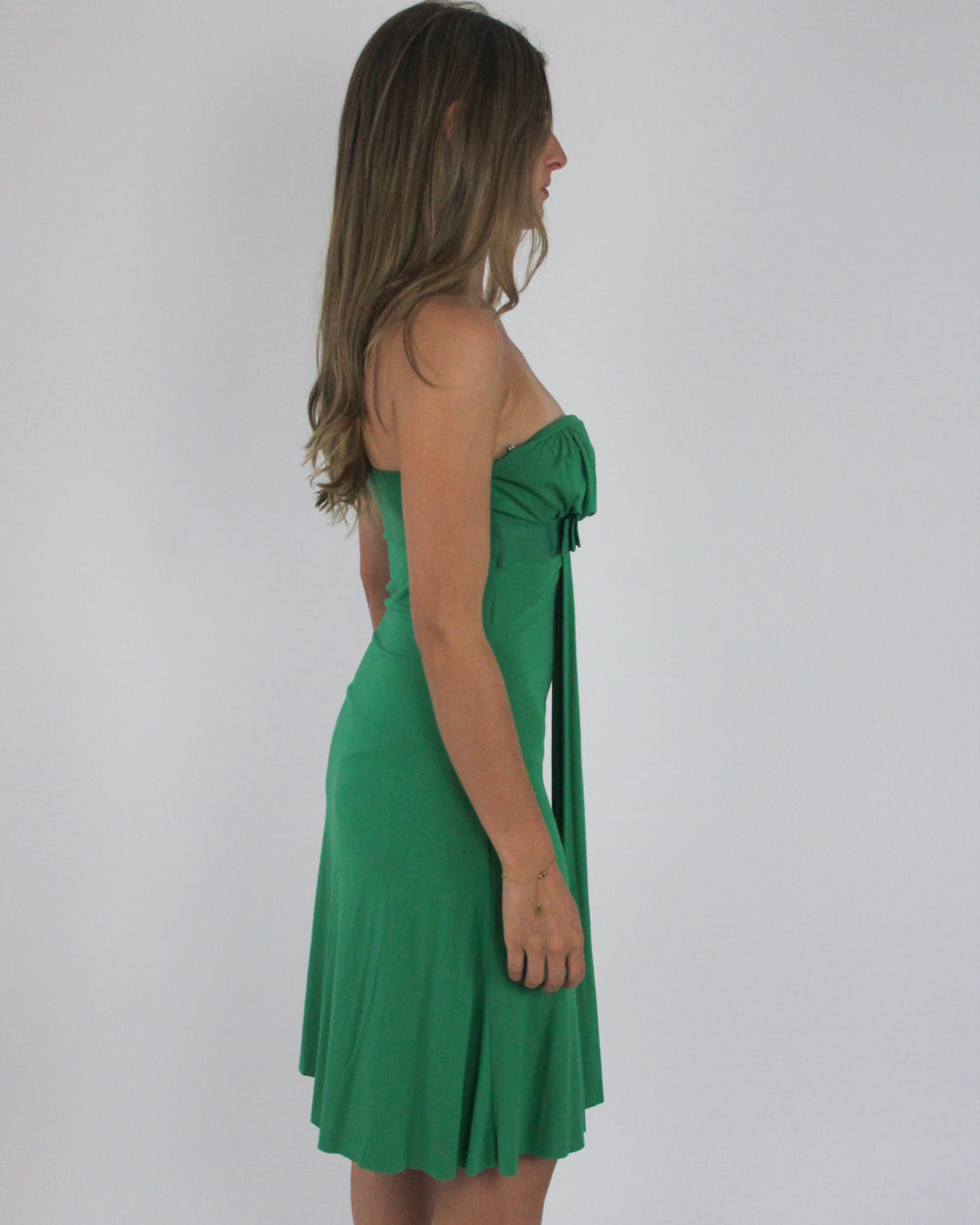 gossip girl drop | small green strapless midi dress