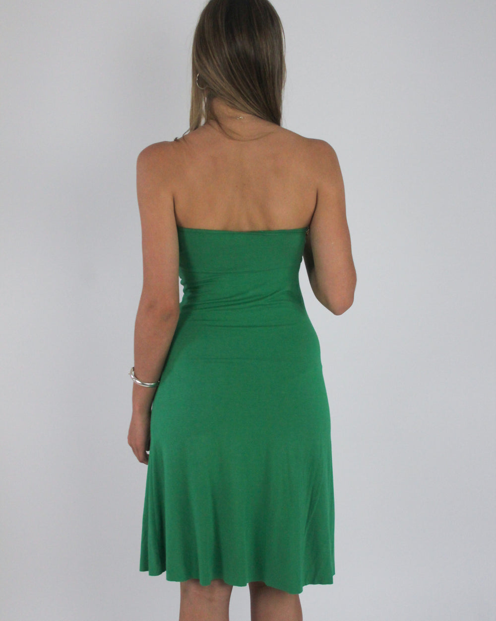 gossip girl drop | small green strapless midi dress