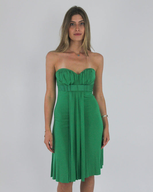 gossip girl drop | small green strapless midi dress