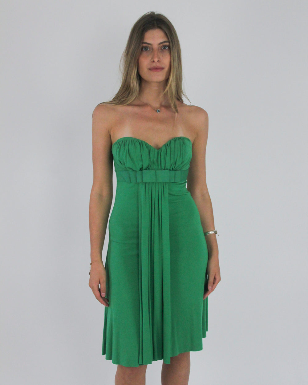 gossip girl drop | small green strapless midi dress