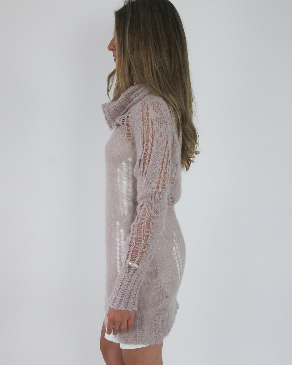 gossip girl drop | small blush sheer crochet long-sleeve mini dress