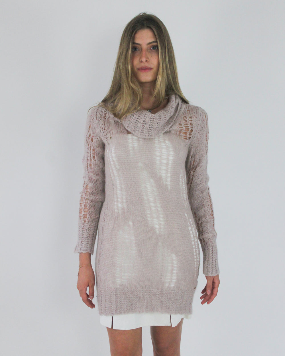 gossip girl drop | small blush sheer crochet long-sleeve mini dress