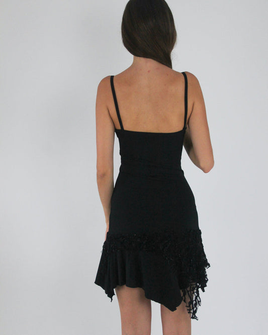 gossip girl drop | medium black and gold-trim asymmetric slip dress