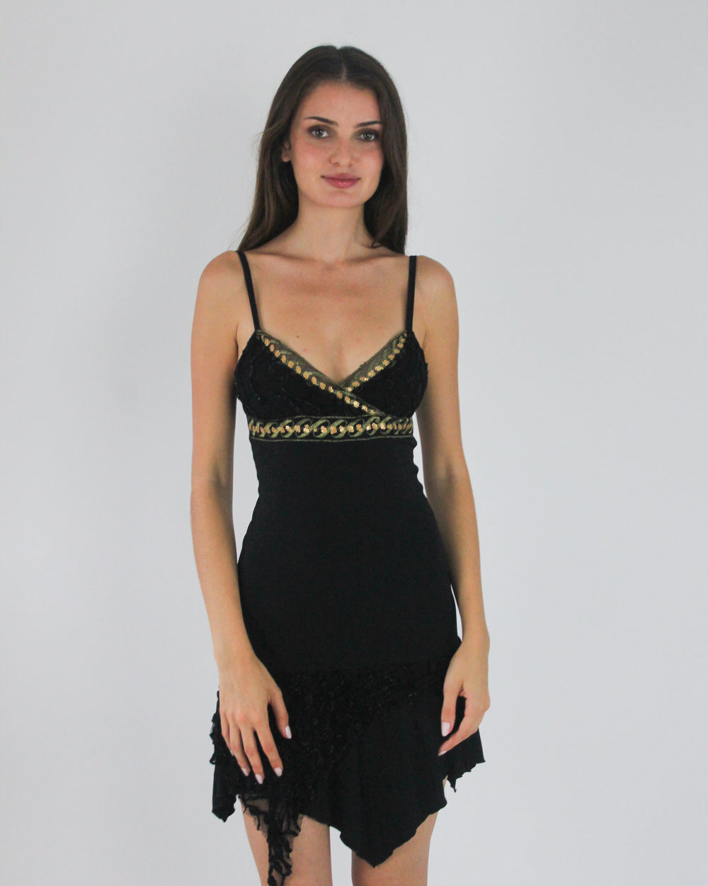 gossip girl drop | medium black and gold-trim asymmetric slip dress
