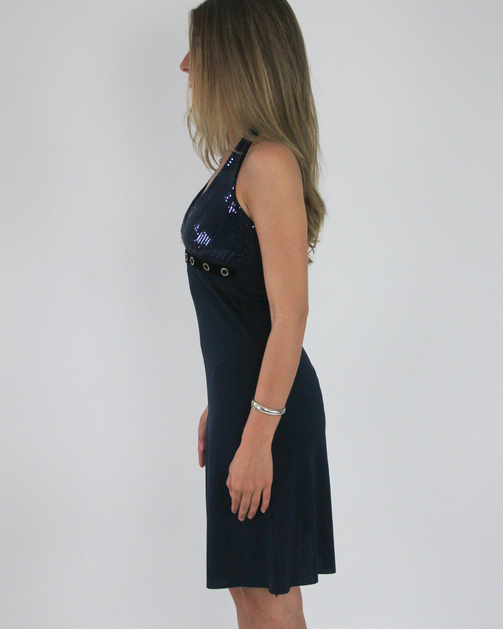 gossip girl drop | medium navy halterneck eyelet-detail midi dress