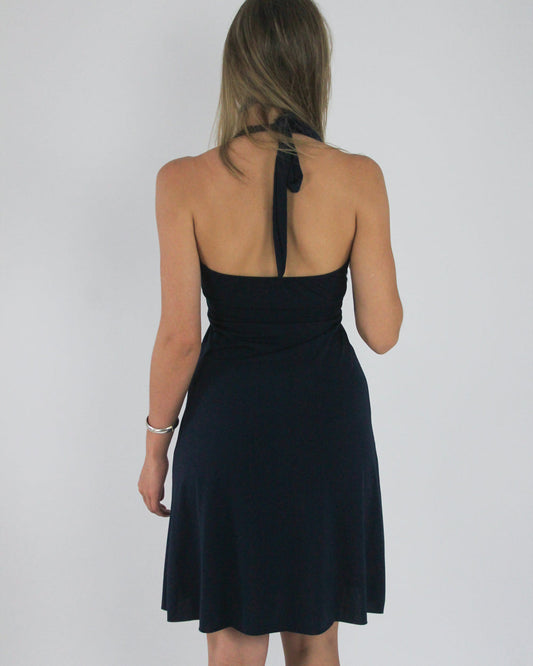gossip girl drop | medium navy halterneck eyelet-detail midi dress
