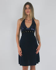 gossip girl drop | medium navy halterneck eyelet-detail midi dress