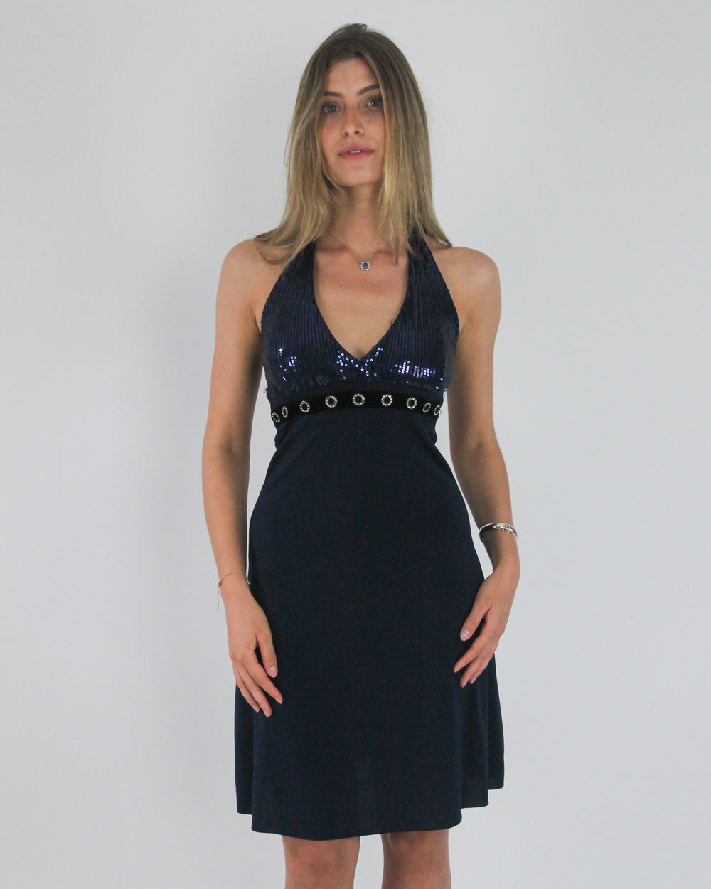 gossip girl drop | medium navy halterneck eyelet-detail midi dress