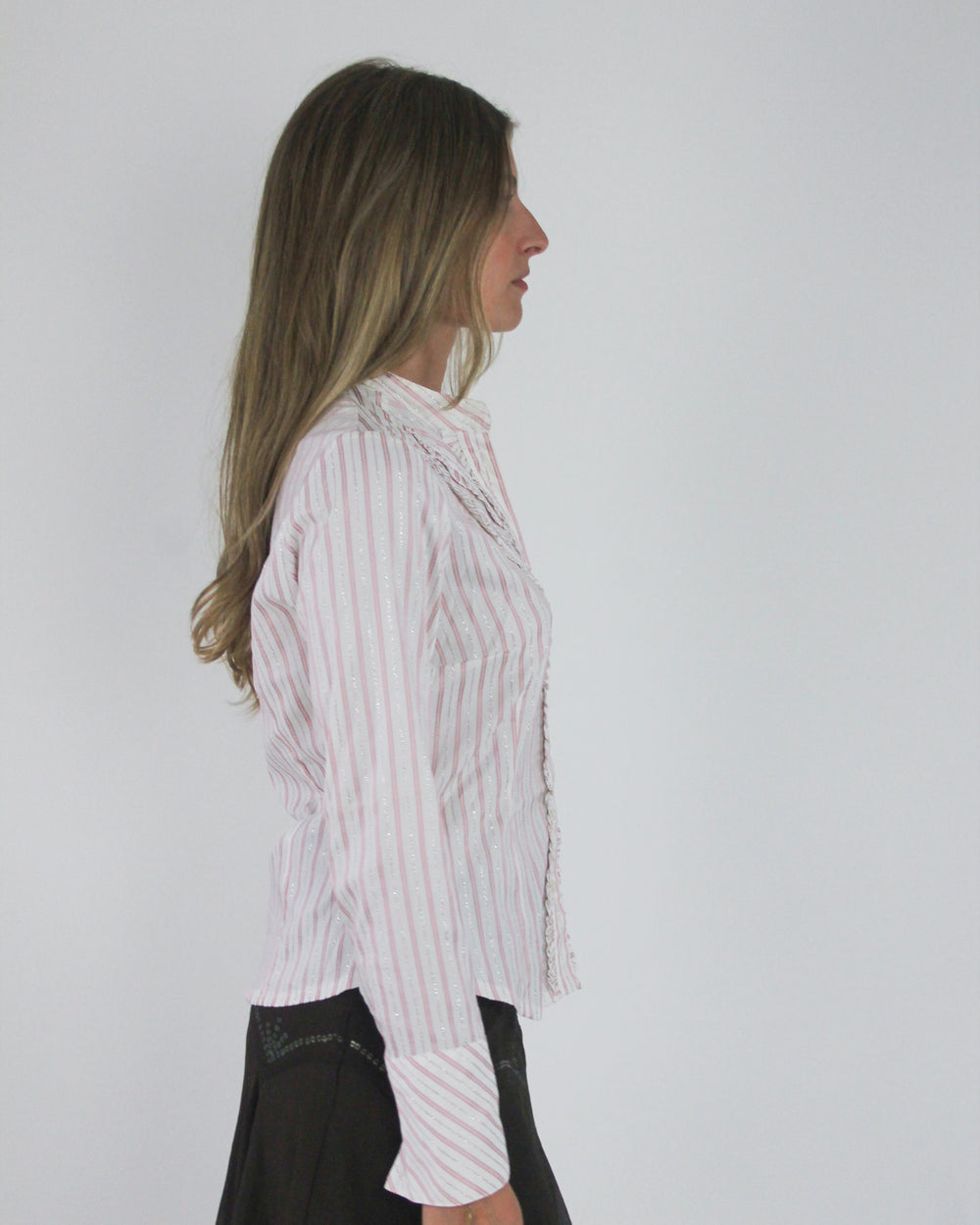 gossip girl drop | small pink and white striped fitted blouse