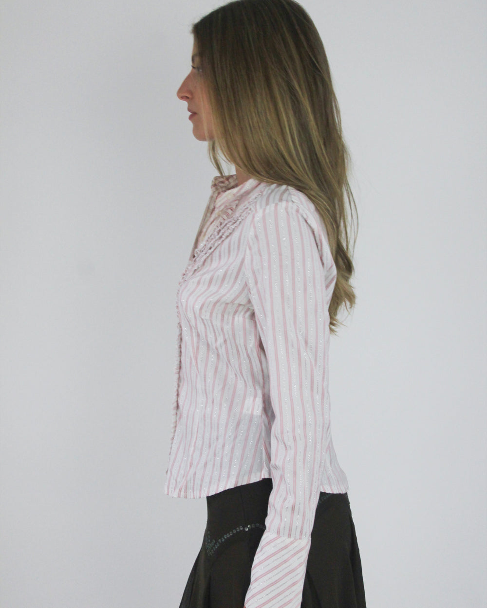 gossip girl drop | small pink and white striped fitted blouse
