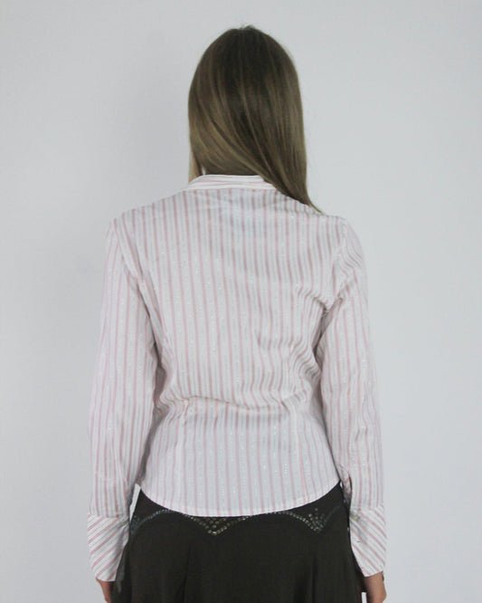 gossip girl drop | small pink and white striped fitted blouse