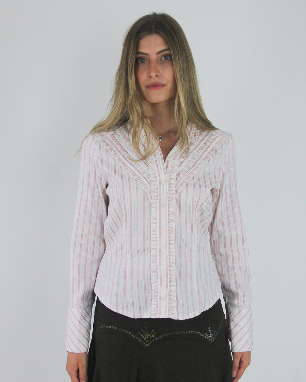 gossip girl drop | small pink and white striped fitted blouse